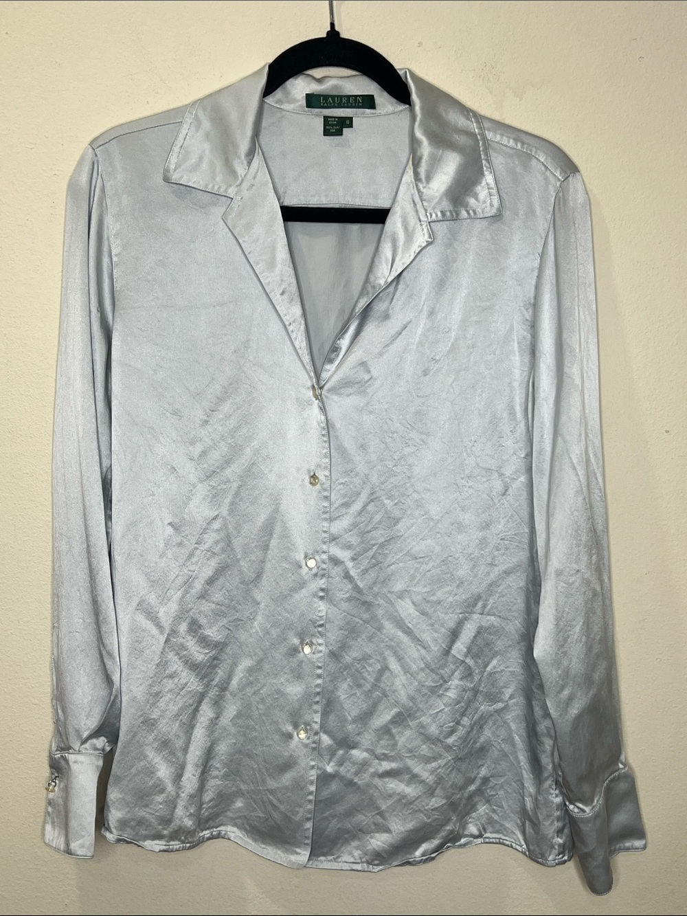 Lauren Ralph Lauren Shiny Silver Satin Button-Front Blouse